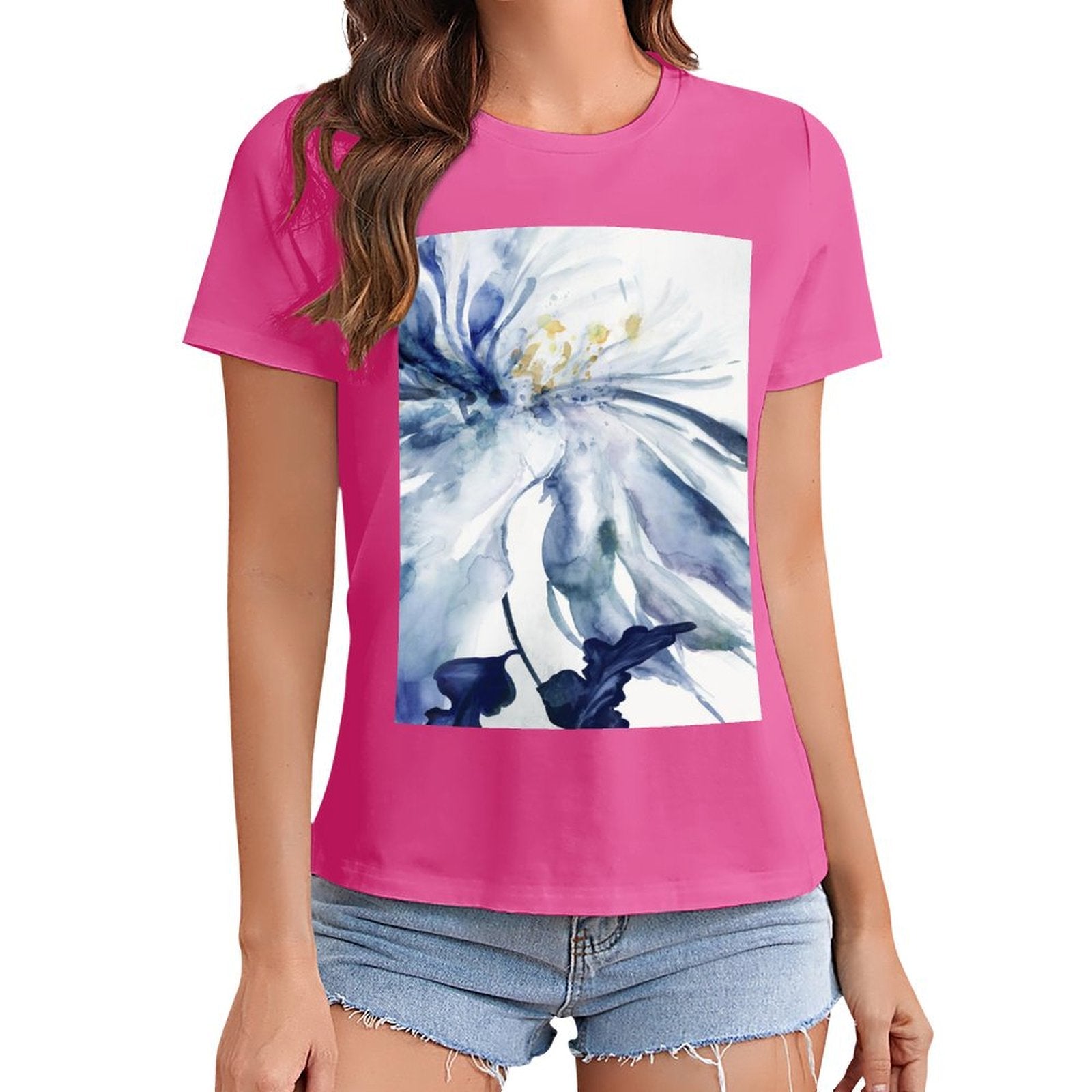 Pink Women's T-Shirt with Blue Watercolor Floral Print by MyArtsyGift, short sleeve crewneck design