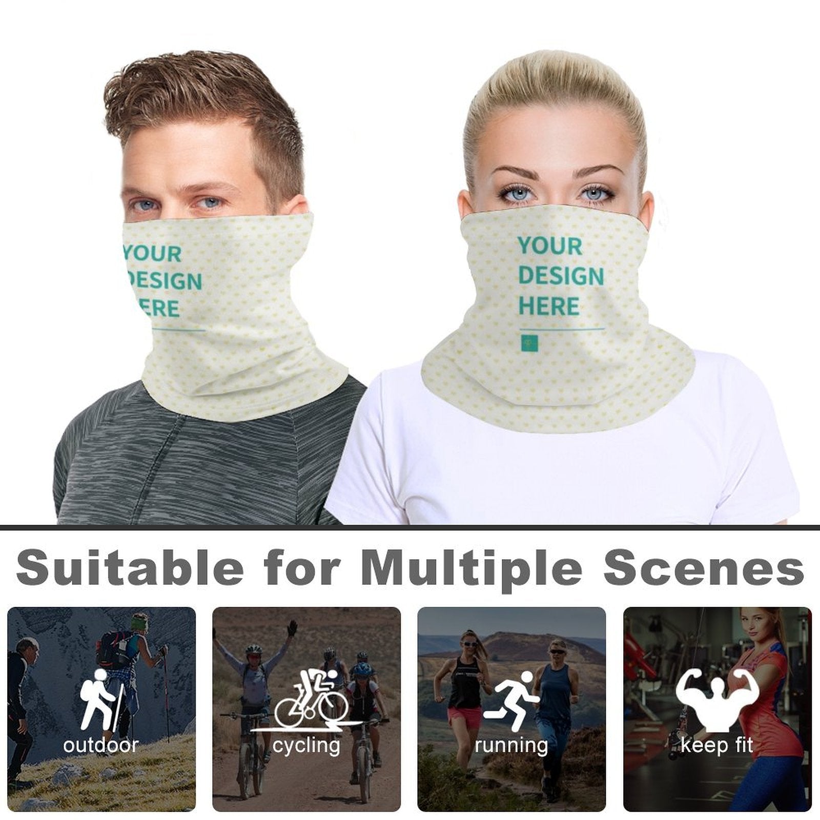 Custom Face Mask Neck Warmer with Your Design, reusable bandana for various outdoor activities. Polyester material.