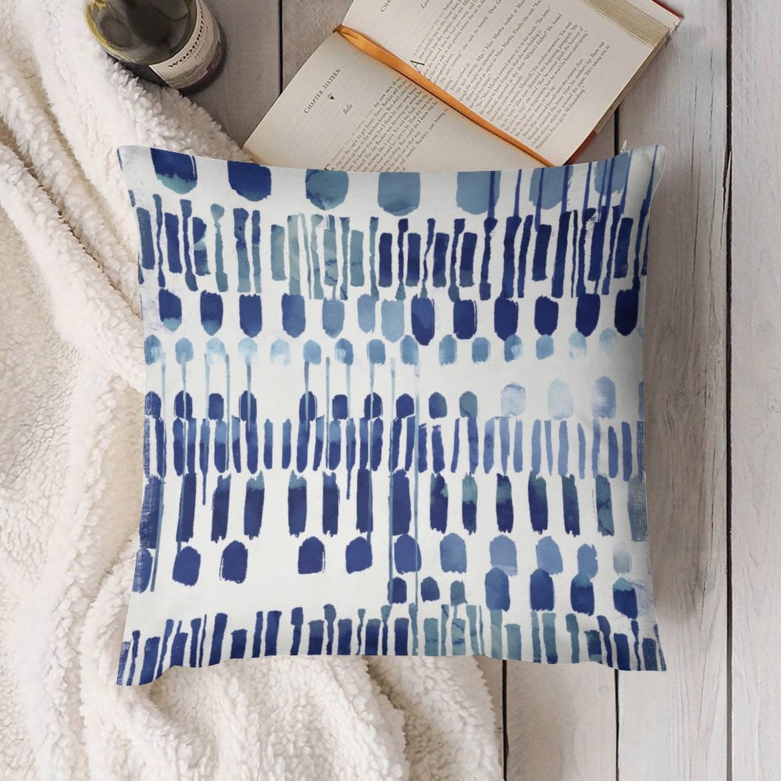 Blue abstract pattern plush pillow cover for sofa or couch. Soft, fluffy, and decorative home decor.