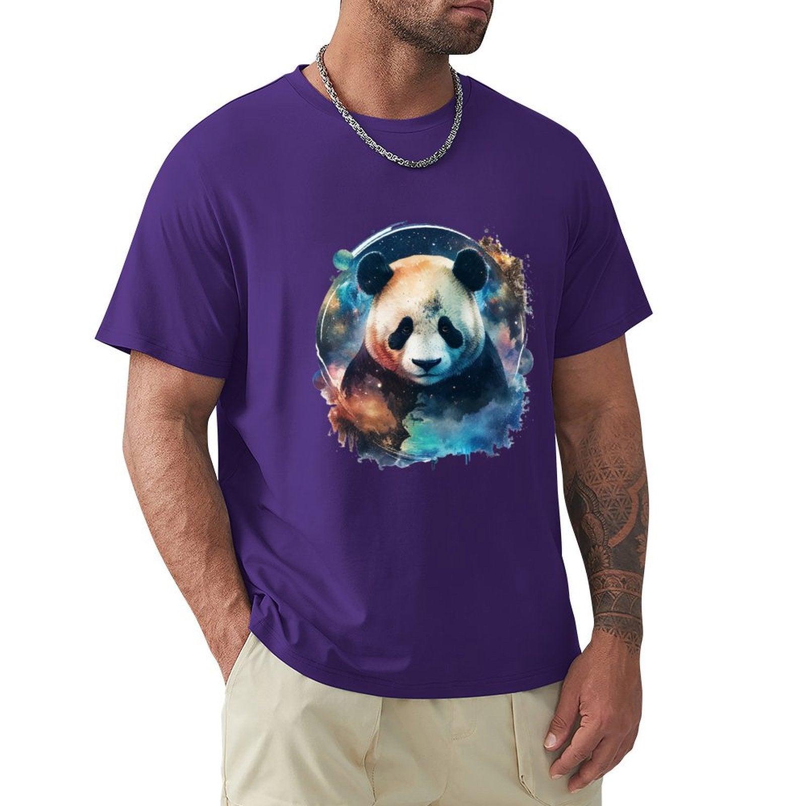 MyArtsyGift Men's purple crew neck t-shirt with panda bear graphic, comfortable cotton tee for men.