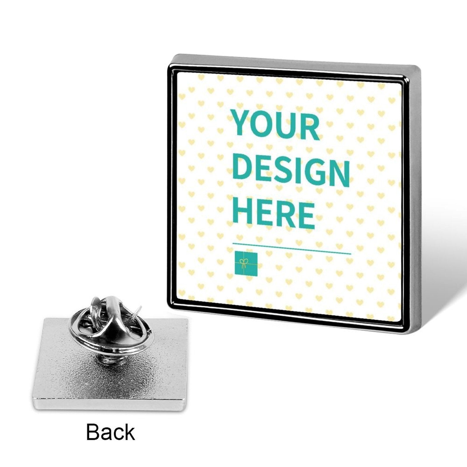 Custom square alloy lapel pin: 'YOUR DESIGN HERE', personalized for shirt, jacket, or business.