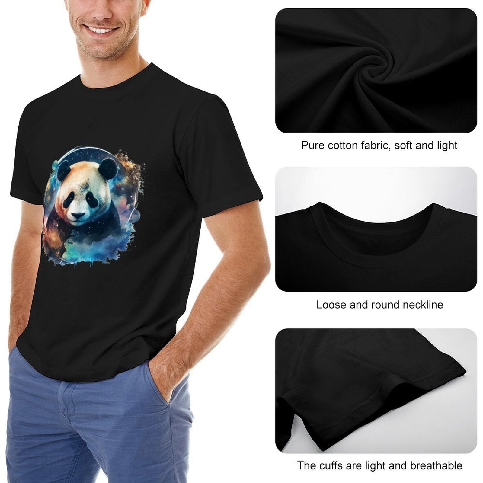 Black cotton crew neck t-shirt with panda design for men, soft fabric, loose neckline, breathable cuffs, MyArtsyGift.
