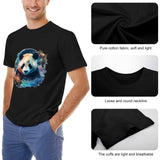 Black cotton crew neck t-shirt with panda design for men, soft fabric, loose neckline, breathable cuffs, MyArtsyGift.