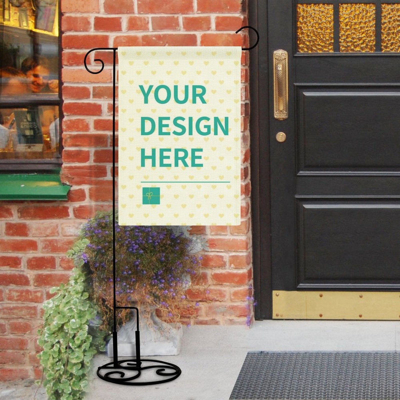 Custom linen garden flag with 'YOUR DESIGN HERE' message, double-sided for patio decor, garden decoration