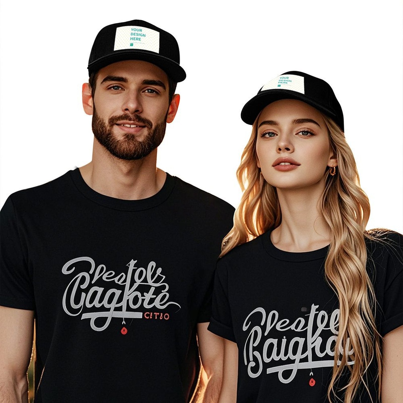 Custom black mesh baseball caps with 'YOUR DESIGN HERE' design on man and woman, personalized gifts.