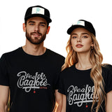 Custom black mesh baseball caps with 'YOUR DESIGN HERE' design on man and woman, personalized gifts.