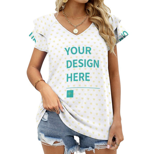 Custom Women's V Neck T Shirt featuring your design, ruffle short sleeve, perfect for summer.