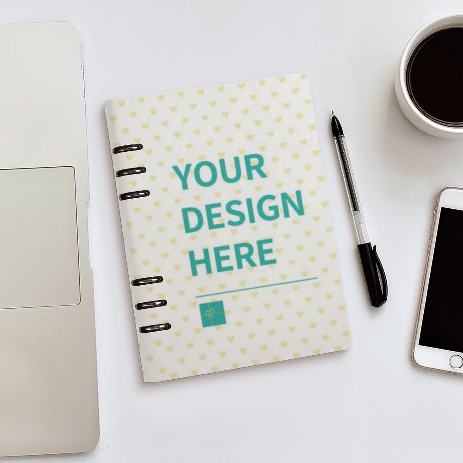 Custom loose-leaf notebook with 'YOUR DESIGN HERE' design, heart pattern. Perfect for note-taking, school, or office use.