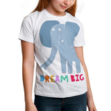 Kids' white mesh t-shirt with Dream Big elephant graphic for summer wear, comfortable and breathable.