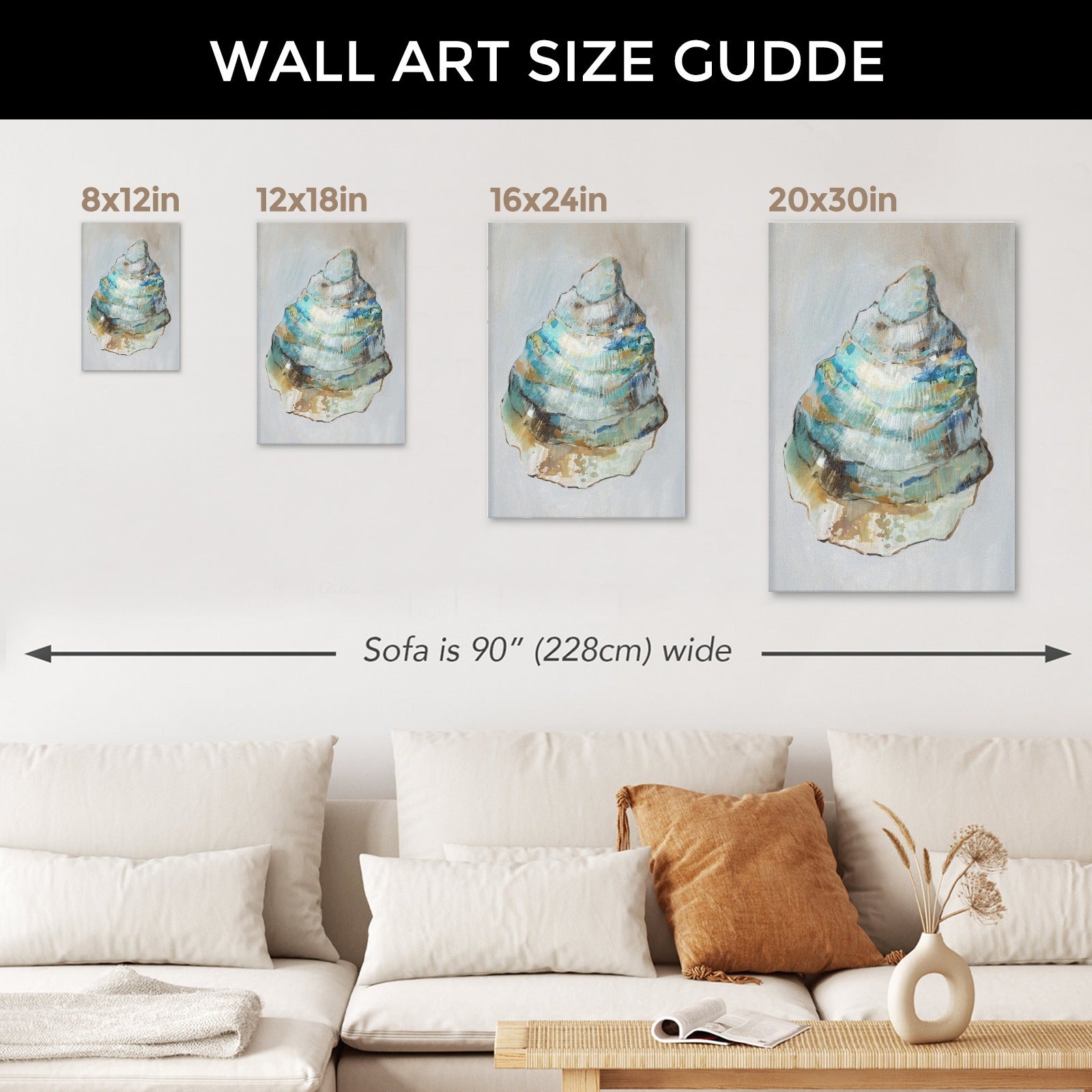 Oyster II Modern Wall Art Size Guide. Teal and blue shell canvas prints for living room decor, sizes 8x12in to 20x30in.