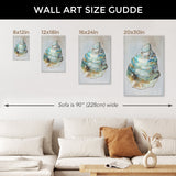 Oyster II Modern Wall Art Size Guide. Teal and blue shell canvas prints for living room decor, sizes 8x12in to 20x30in.