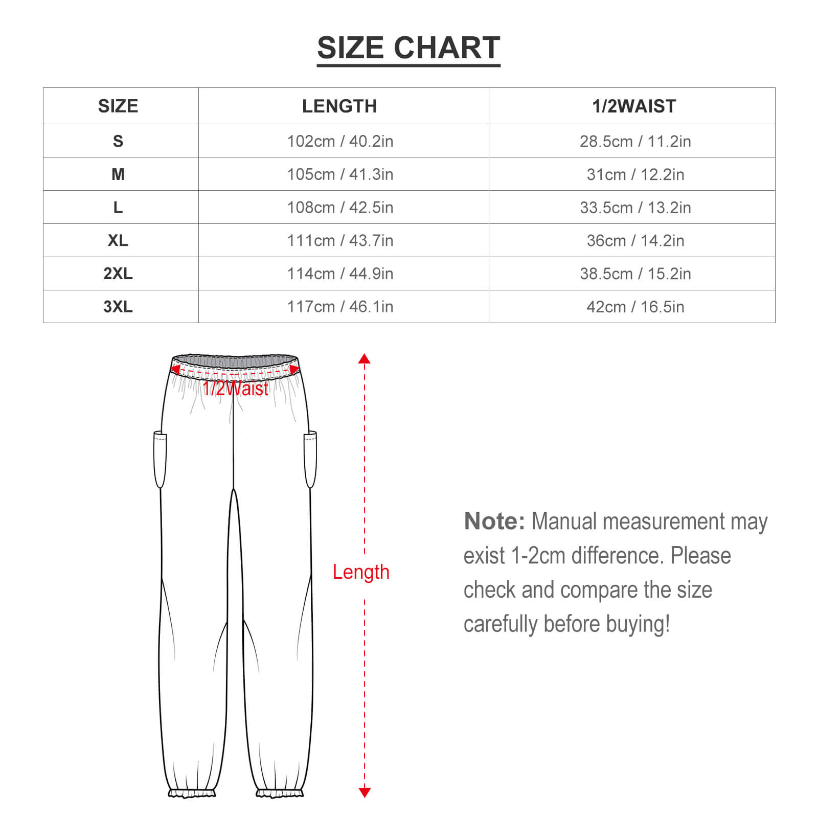 Size chart for custom sports pants for women, including waist and length measurements for sizes S-3XL, with buying advice.