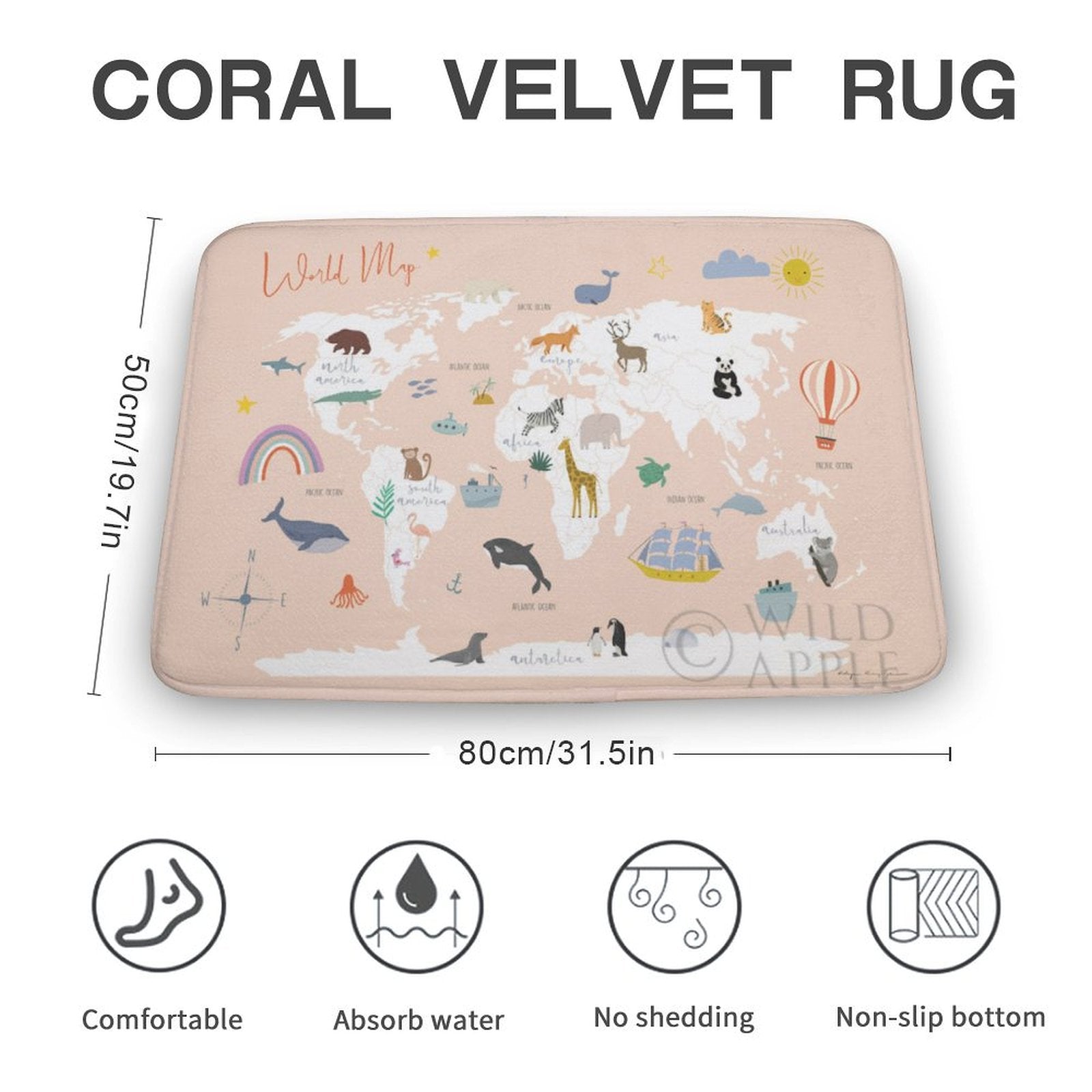 Coral velvet bath rug with world map design, non-slip, perfect for bathroom or kitchen use