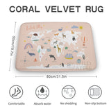 Coral velvet bath rug with world map design, non-slip, perfect for bathroom or kitchen use