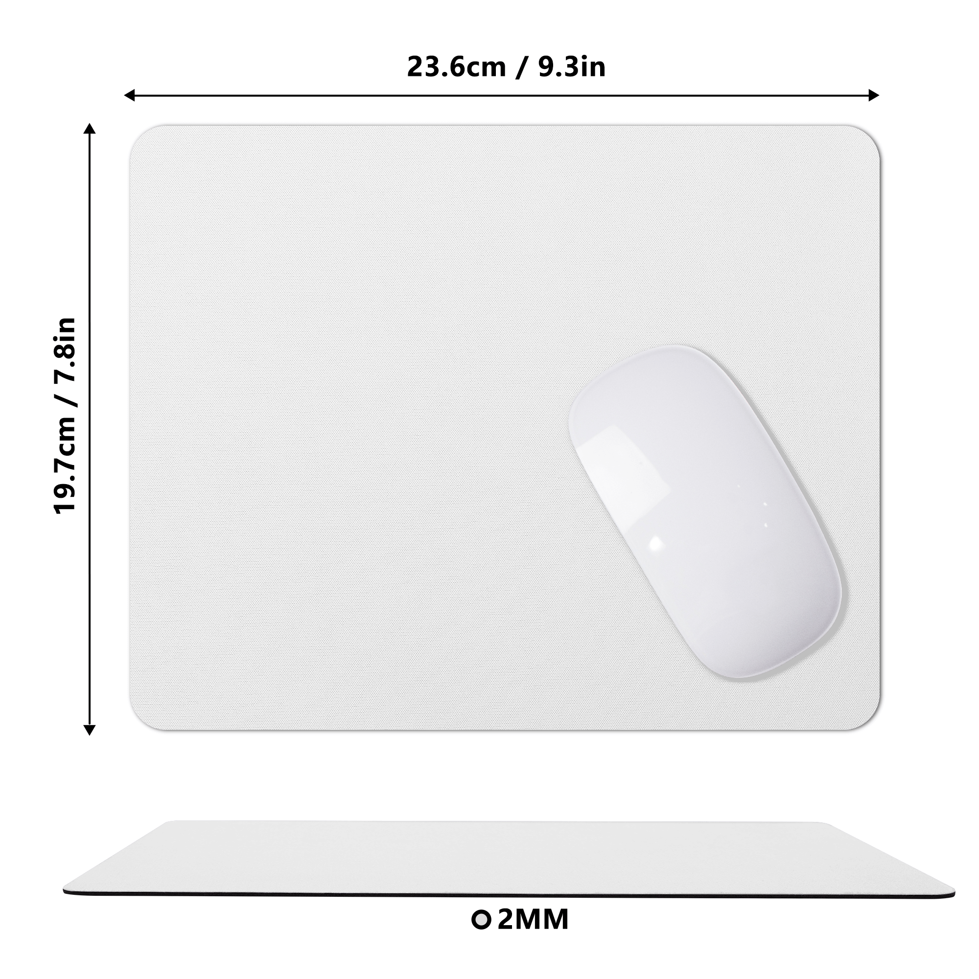 Grey mouse pad with white mouse and size details. Non-slip and waterproof design.