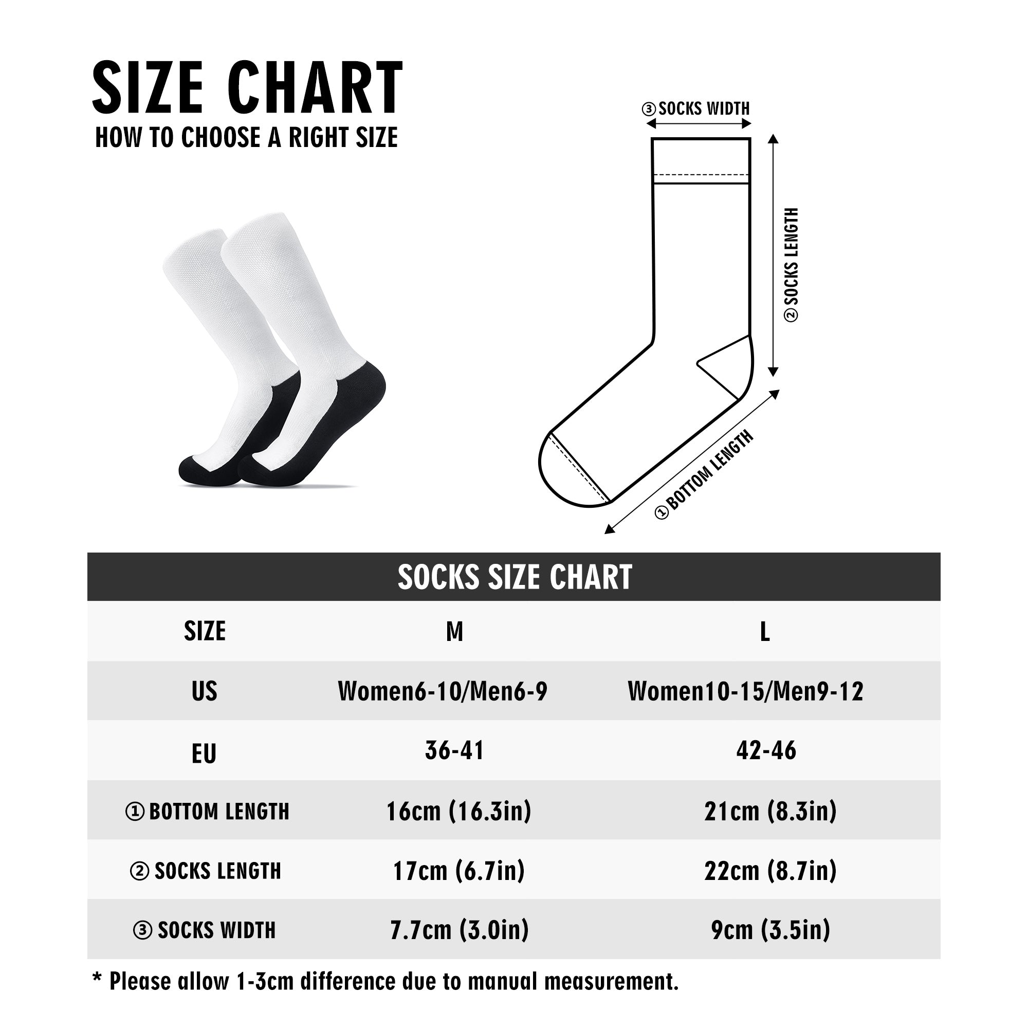 Custom socks size chart: dimensions, US/EU sizes, guide to choose the perfect fit for personalized socks.