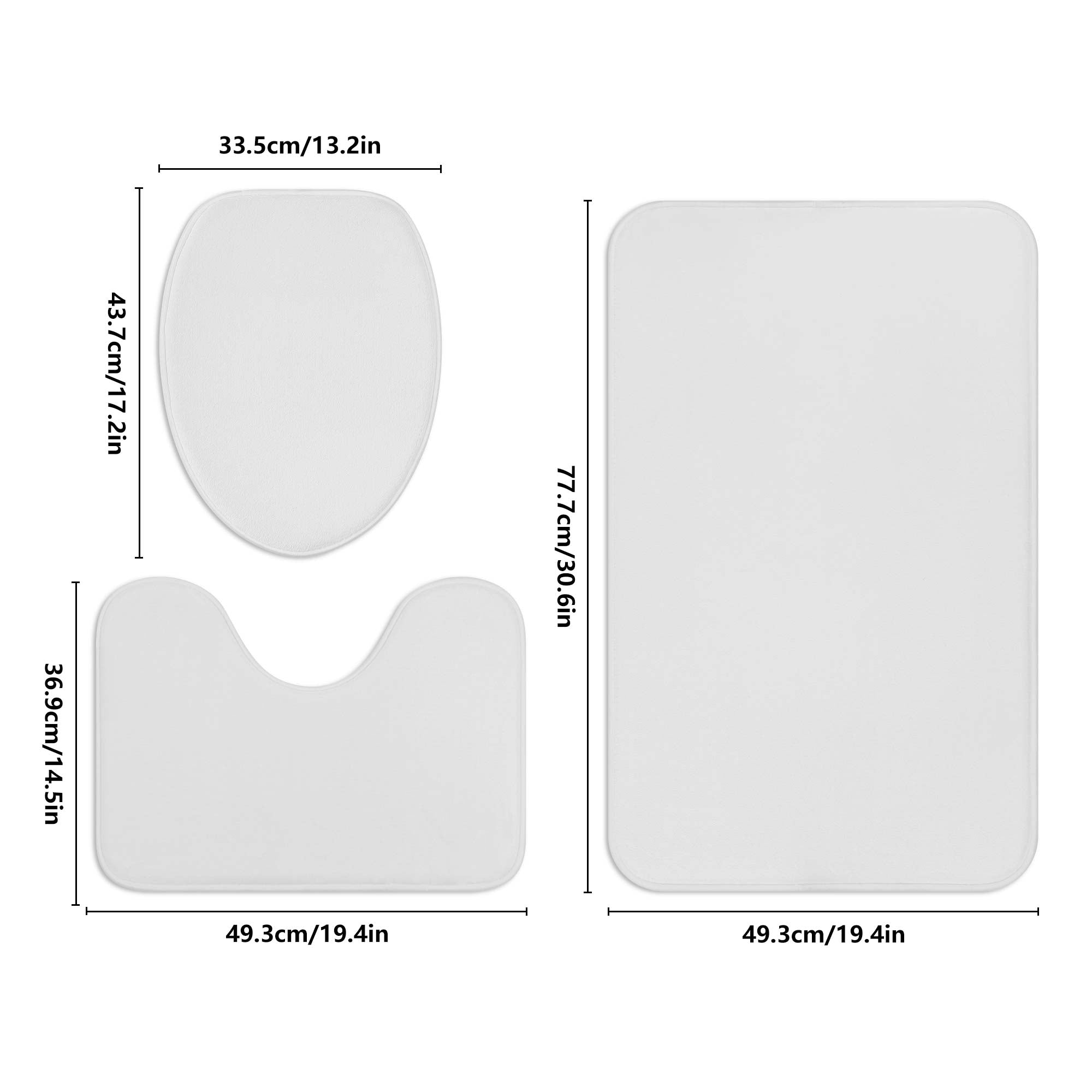 White bathroom rug set with dimensions. Includes toilet lid cover, U-shaped mat, and floor rug. Non-slip bath mats.