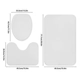 White bathroom rug set with dimensions. Includes toilet lid cover, U-shaped mat, and floor rug. Non-slip bath mats.