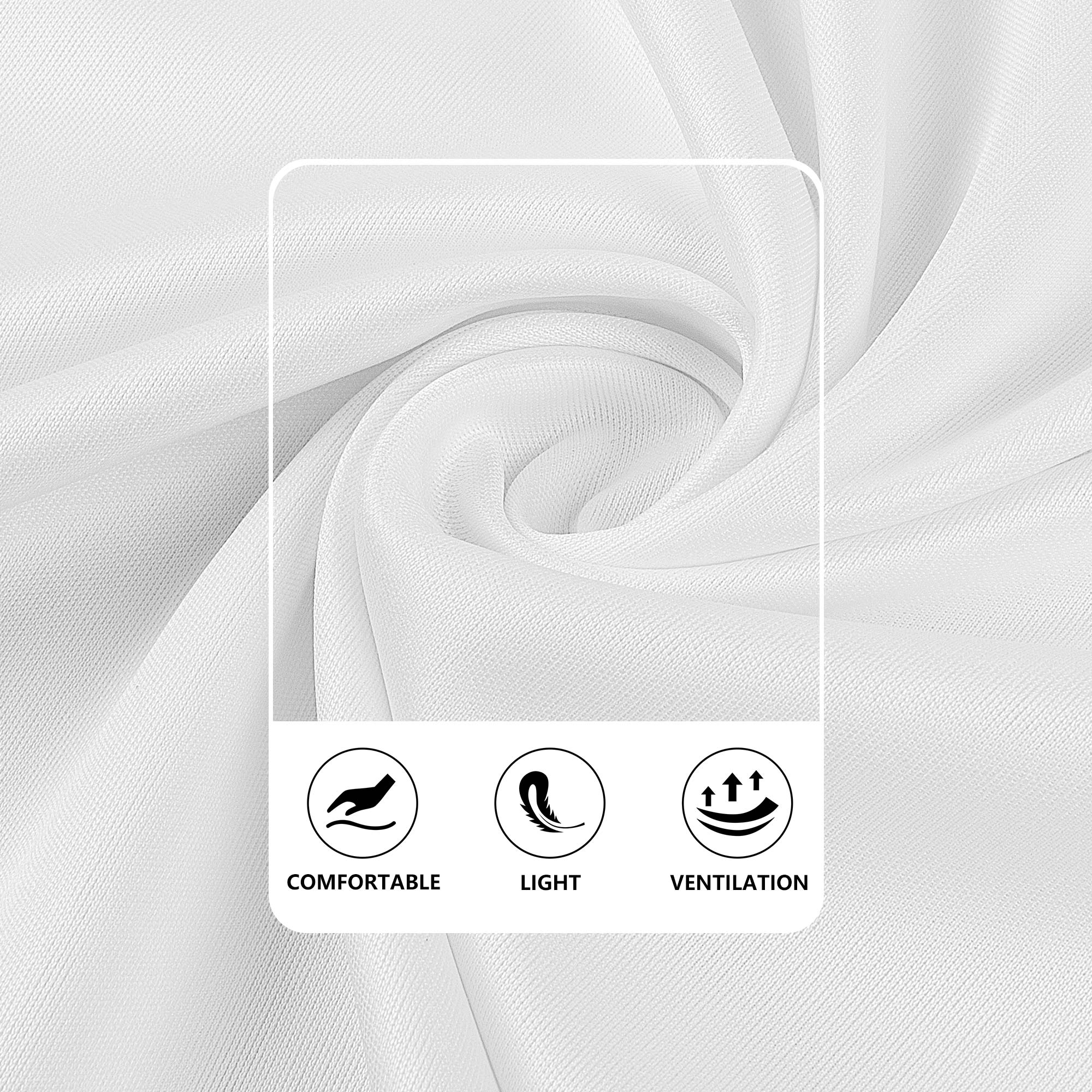 White short sleeve t-shirt fabric detail, comfortable, light, and ventilation features.