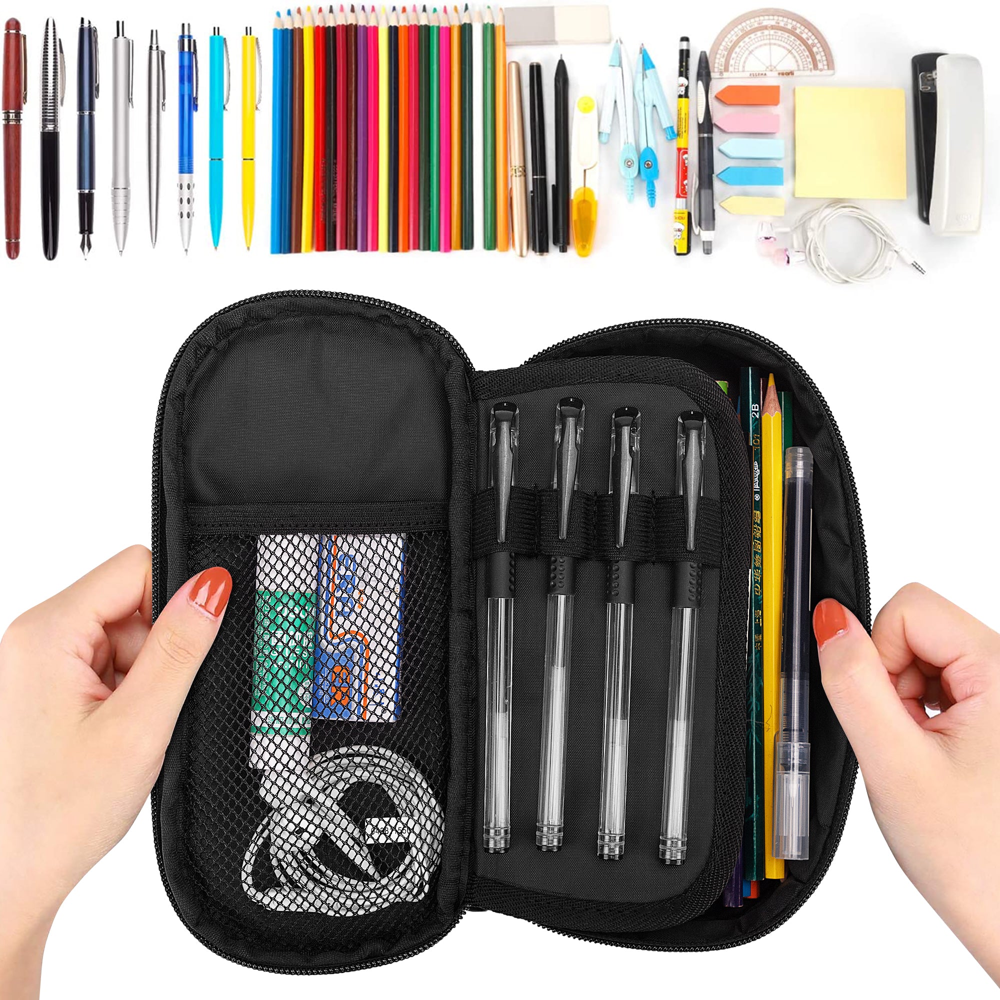 Black 3-layer pencil case with pens and pencils, perfect for school and office supplies
