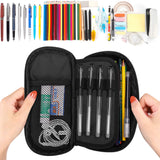 Black 3-layer pencil case with pens and pencils, perfect for school and office supplies