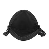 Black round crossbody bag for women, open to show interior, adjustable strap, circle shoulder bag, polyester canvas