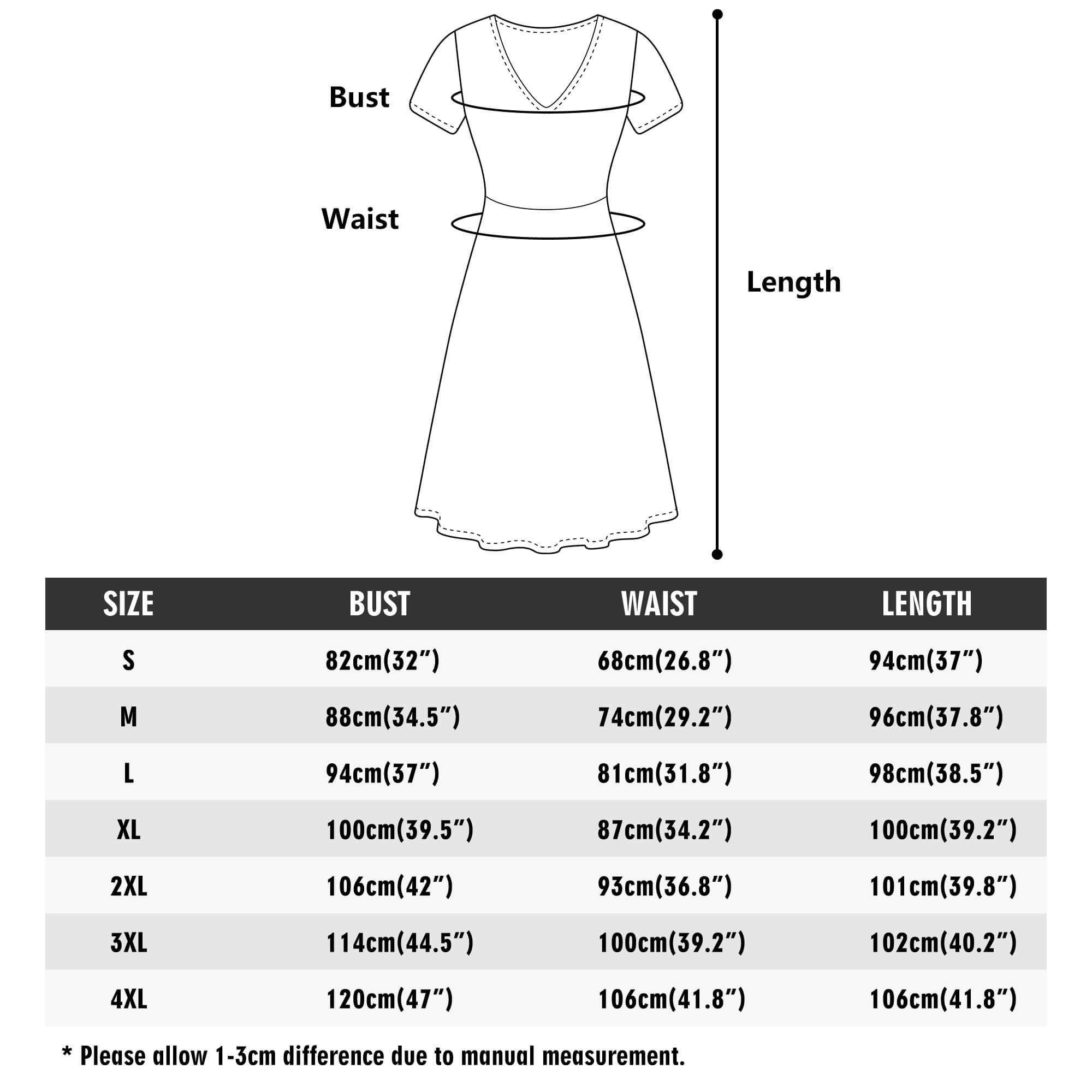 V-neck summer dress size chart. Bust, waist, and length measurements in cm and inches.