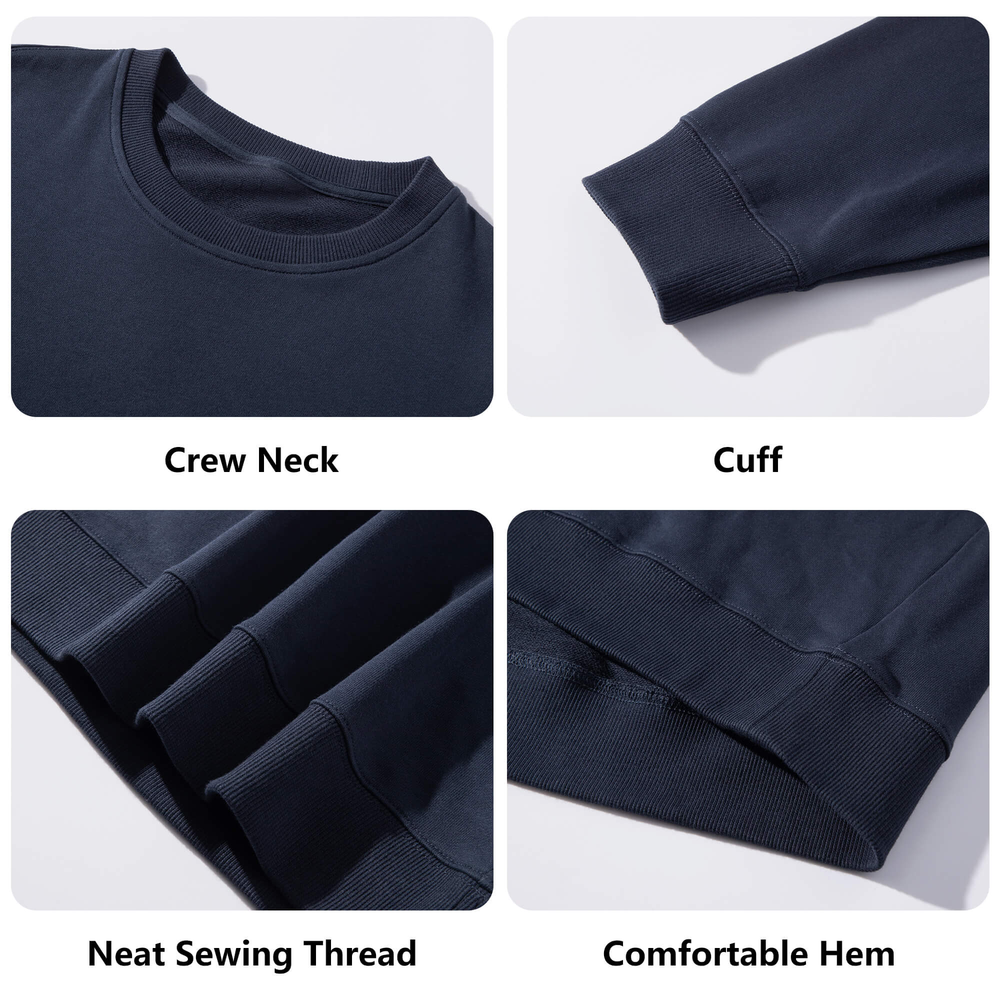 Navy blue cotton sweatshirt details: crew neck, cuff, neat stitching, and comfortable hem for Ben Heine art print hoodie.