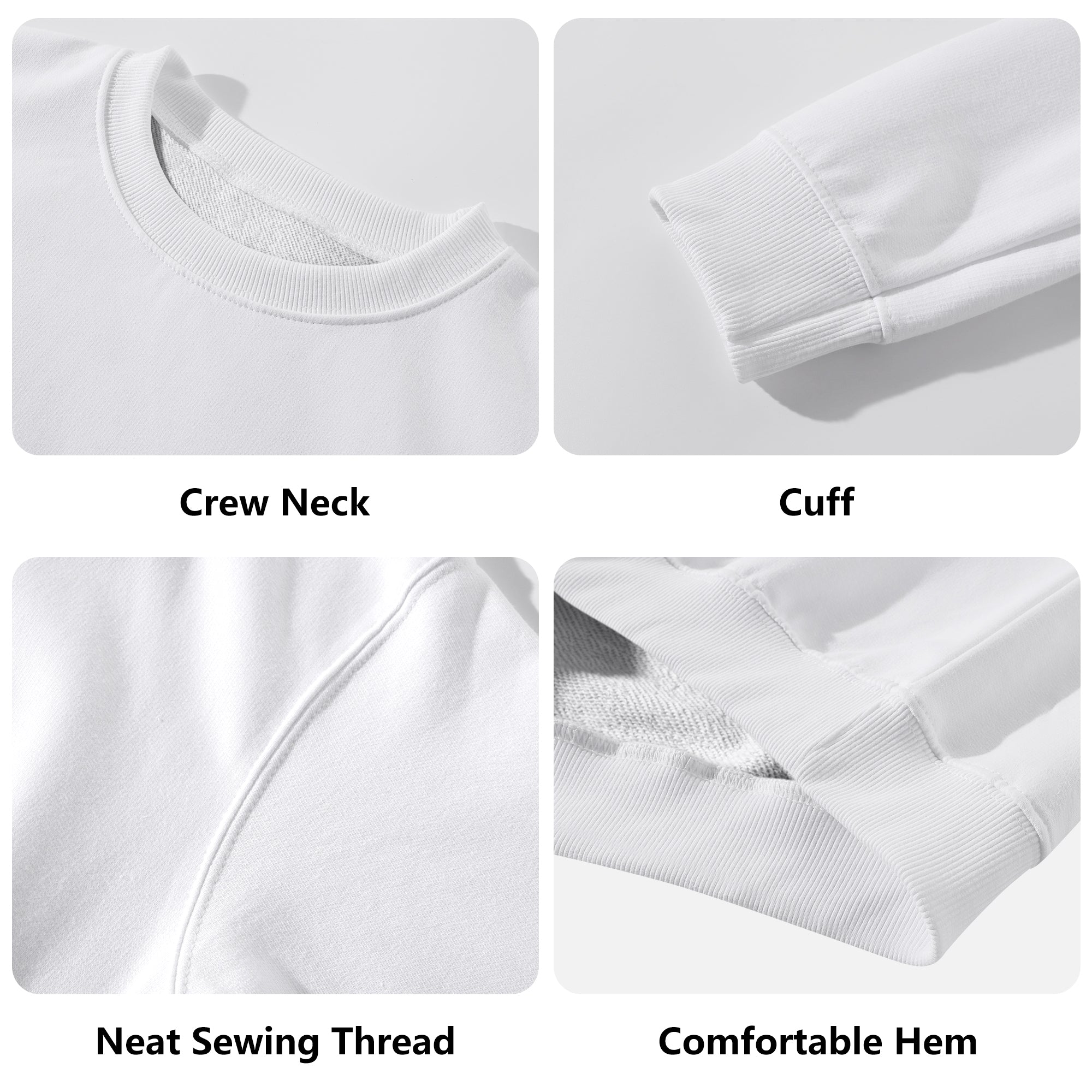 White cotton sweatshirt details: crew neck, cuff, neat stitching, and comfortable hem for Ben Heine art print hoodie.