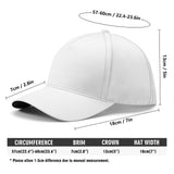 White baseball cap dimensions: 57-60cm, 7cm brim, 13cm crown, 18cm width. Adjustable unisex cotton hat.