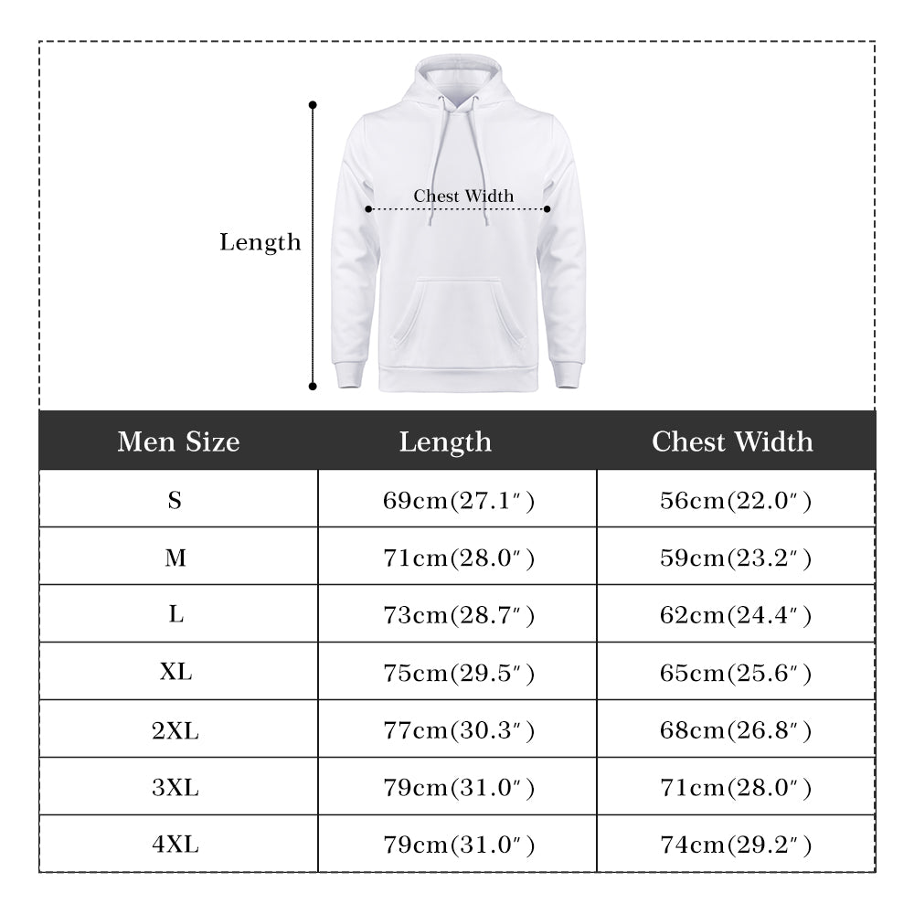 Men's hoodie size chart: length and chest width for sizes S-4XL, ensure a perfect fit.