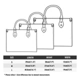 Size chart of PU leather work bags with measurements: S, M, L. Customizable handbags for women in different sizes.