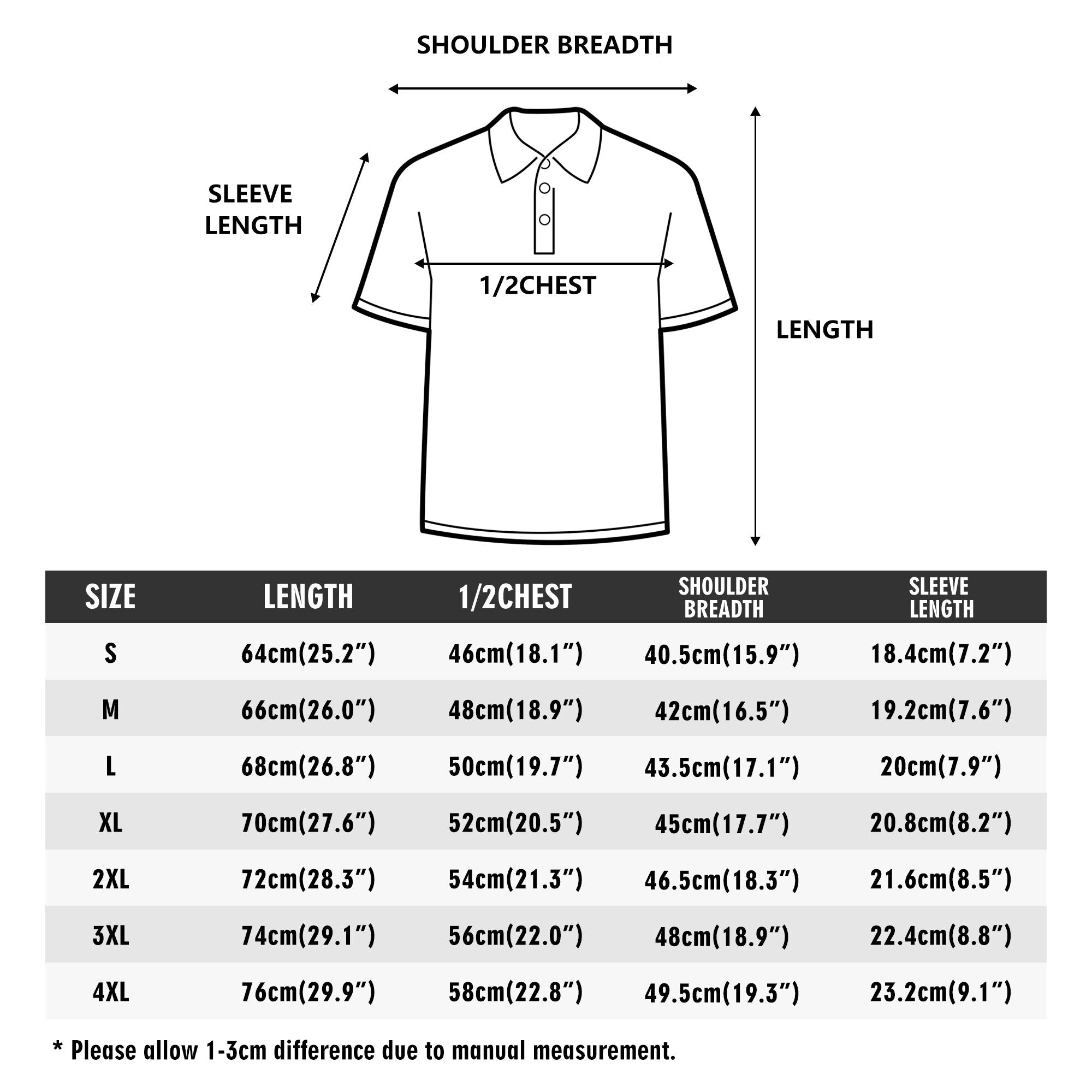 Unisex cotton polo shirt size chart with measurements: length, chest, shoulder and sleeve, golf shirt sizing guide.
