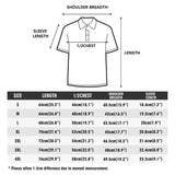 Unisex polo shirt size chart with measurements for length, chest, shoulder breadth, and sleeve length. Available sizes S-4XL.
