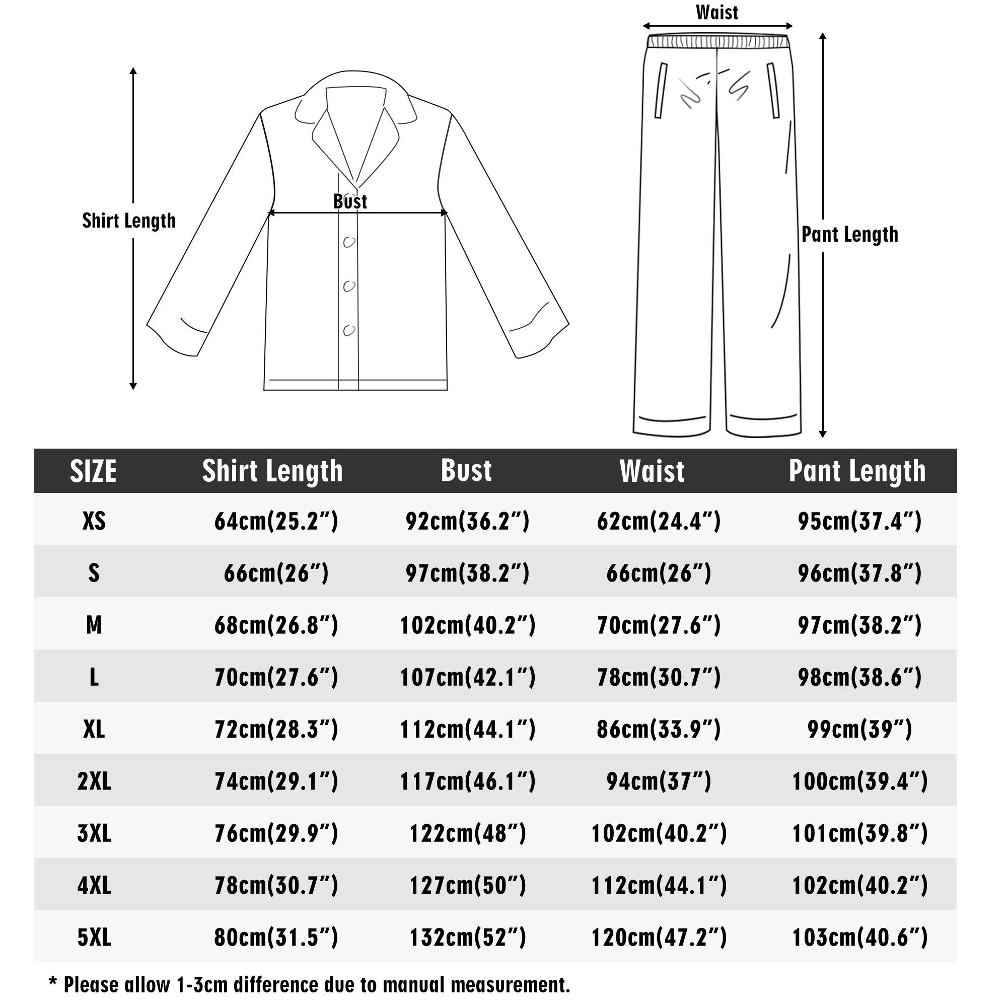 Unisex pajama set size chart: shirt length, bust, waist, and pant length measurements in cm and inches.
