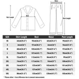 Unisex pajama set size chart: shirt length, bust, waist, and pant length measurements in cm and inches.