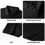 Black cotton polo shirt details: classic collar, neat stitching, comfortable hem, and cuff.