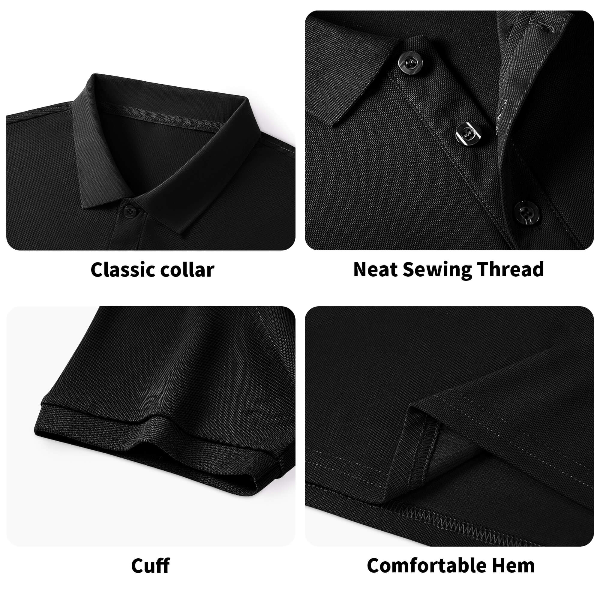 Black cotton polo shirt details: Classic collar, neat stitching, cuff, and hem, perfect for casual wear