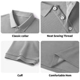 Grey cotton polo shirt details: Classic collar, neat stitching, cuff, and hem, perfect for casual wear