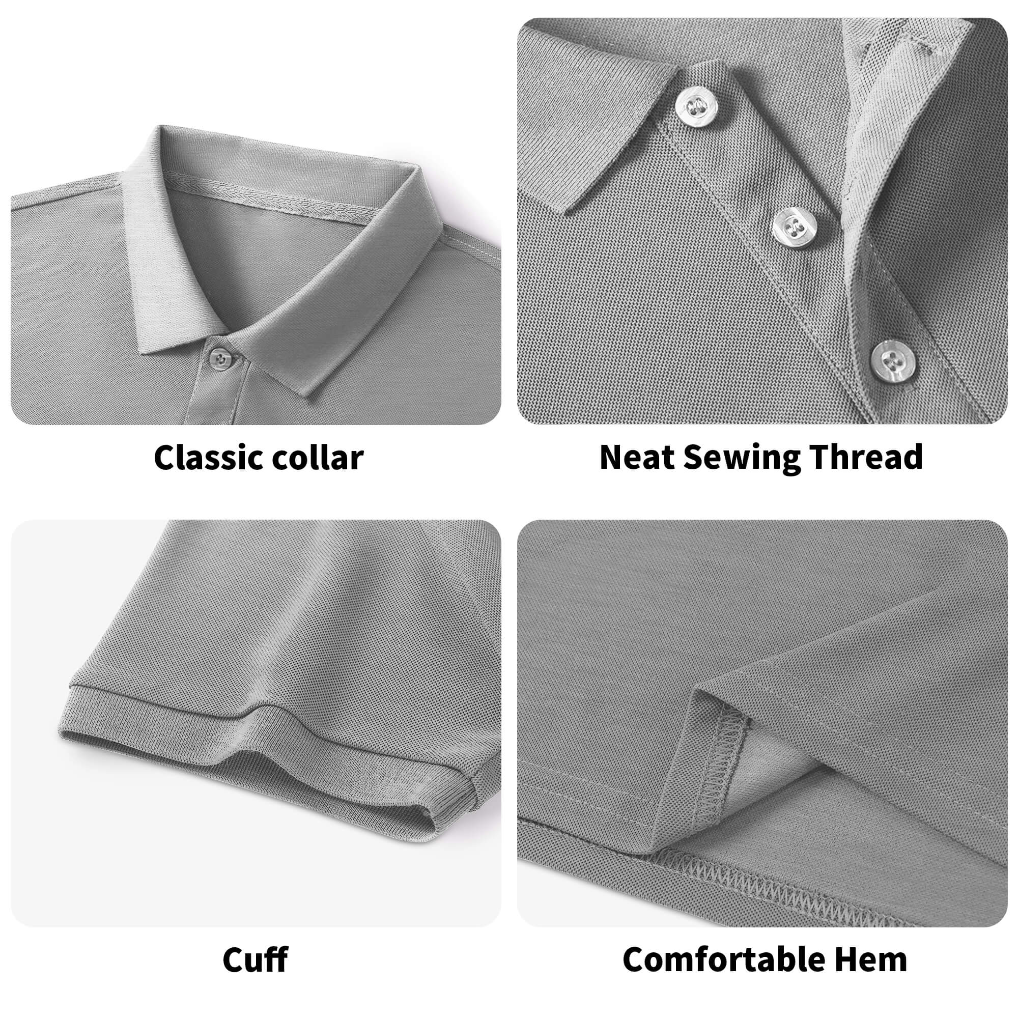 Gray cotton polo shirt details: classic collar, neat stitching, comfortable hem, and cuff.