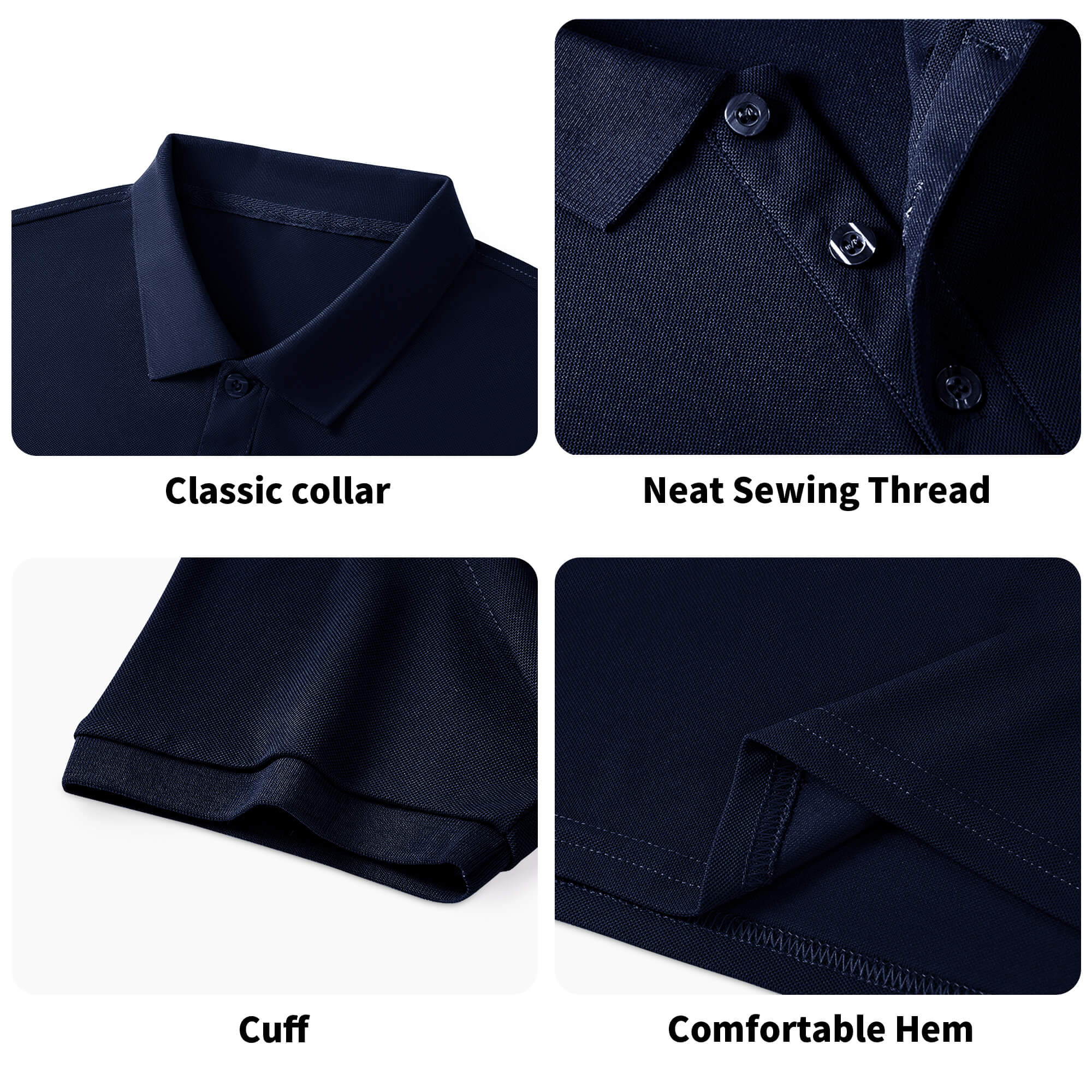 Navy blue polo shirt detailed: classic collar, neat stitching, cuff and hem for comfort and style.