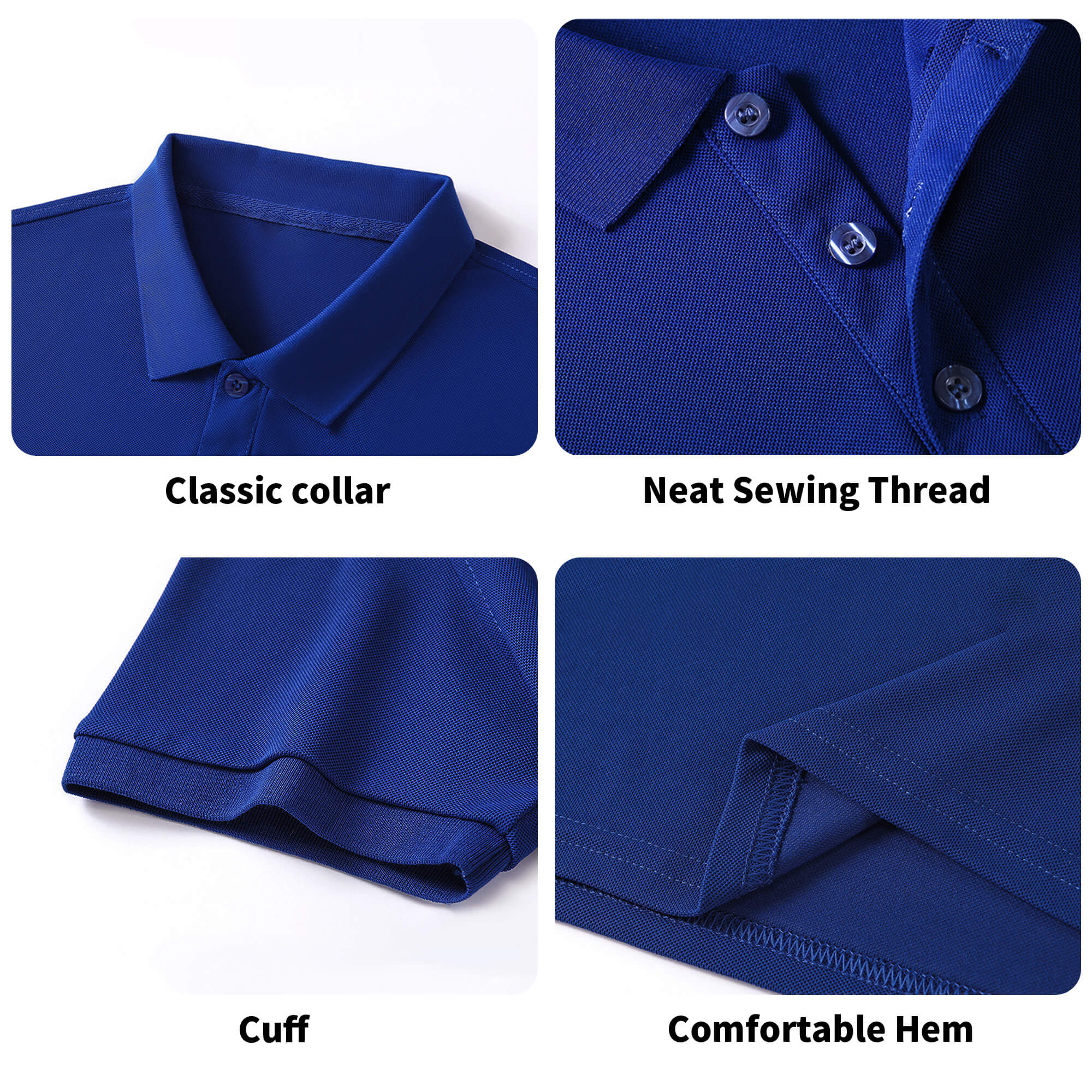 Navy blue cotton polo shirt details: classic collar, neat stitching, cuff, and comfortable hem.