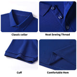 Navy blue cotton polo shirt details: classic collar, neat stitching, cuff, and comfortable hem.