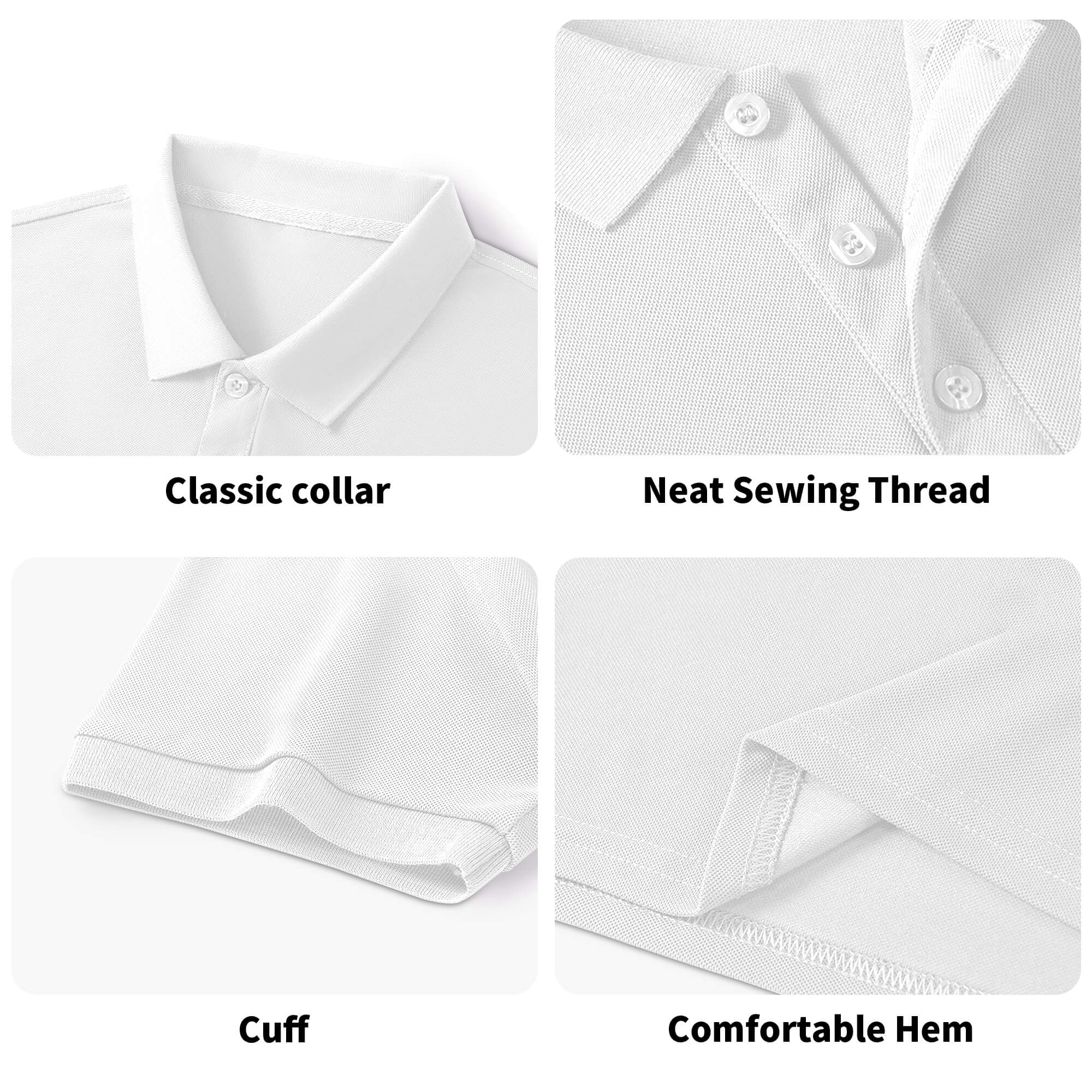 White cotton polo shirt details: classic collar, neat stitching, comfortable hem, and cuff.