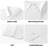 White cotton polo shirt details: classic collar, neat stitching, comfortable hem, and cuff.