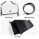 White PU leather satchel bag with black trim, adjustable strap, and metal buckle details for women.