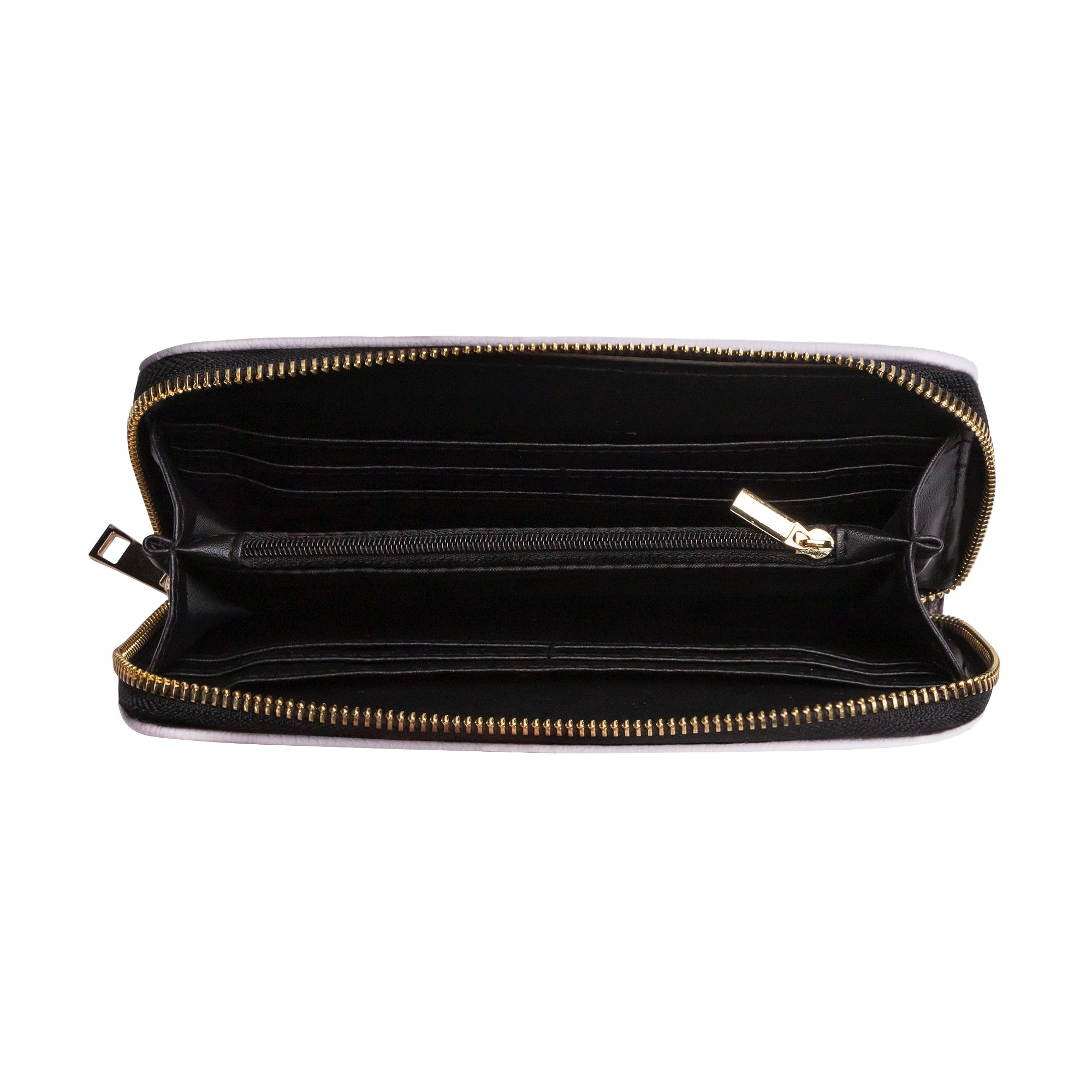 White PU leather zip-around wallet, with gold zipper and black interior, ideal for women.