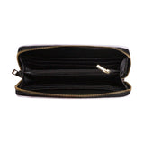 White PU leather zip-around wallet, with gold zipper and black interior, ideal for women.