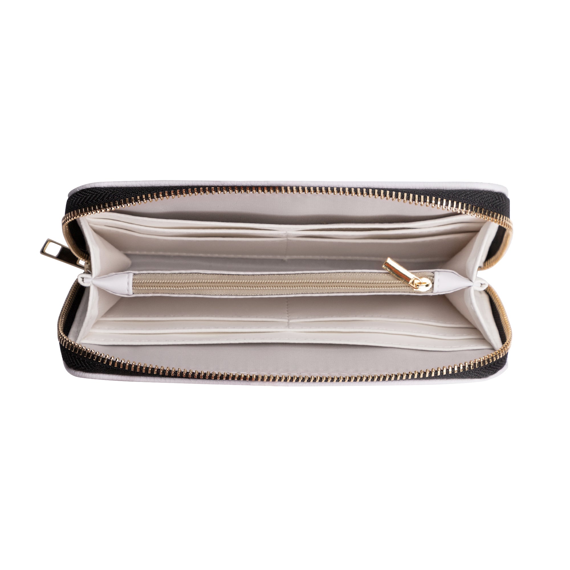White PU leather zip-around wallet with gold zipper, spacious interior, for women.