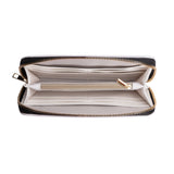 White PU leather zip-around wallet with gold zipper, spacious interior, for women.